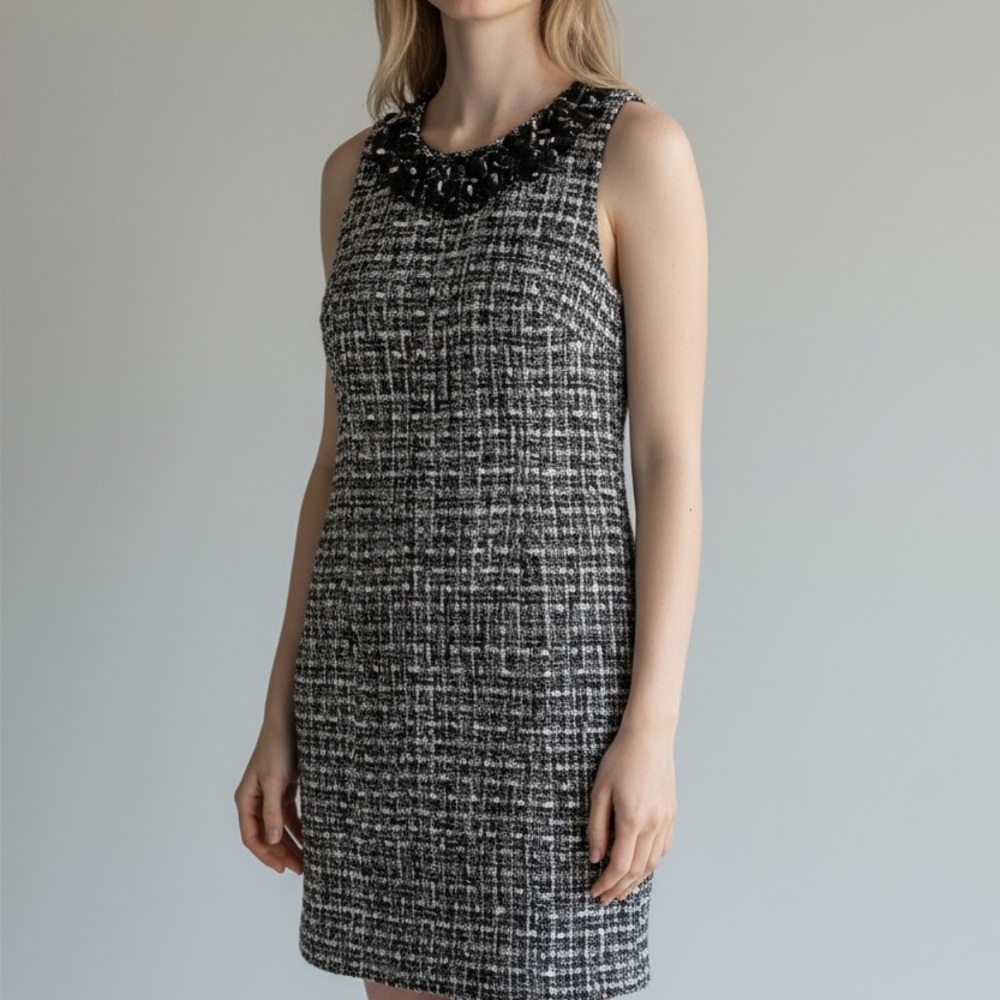 Boston Proper Tweed Shift Dress Embellished Neckline Sz 8